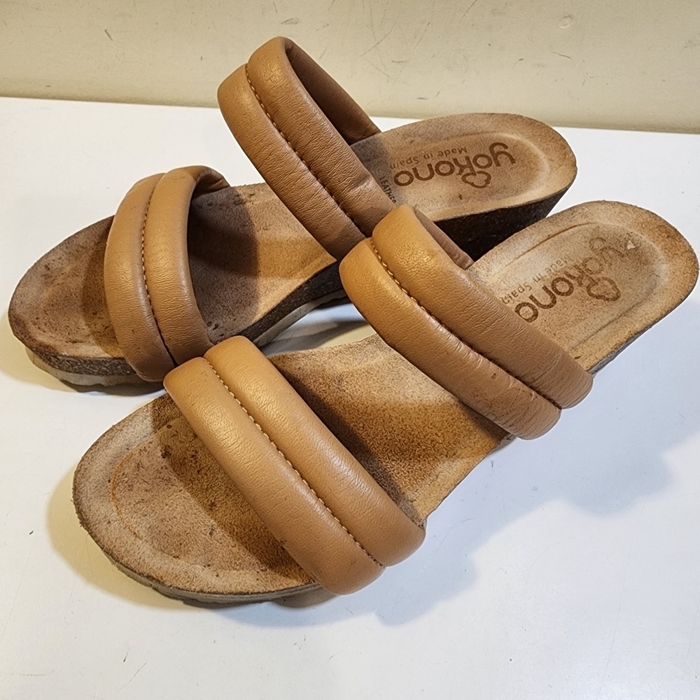 YOKONO women's Tan Leather Strap Slides Wedges sandals size 9.5